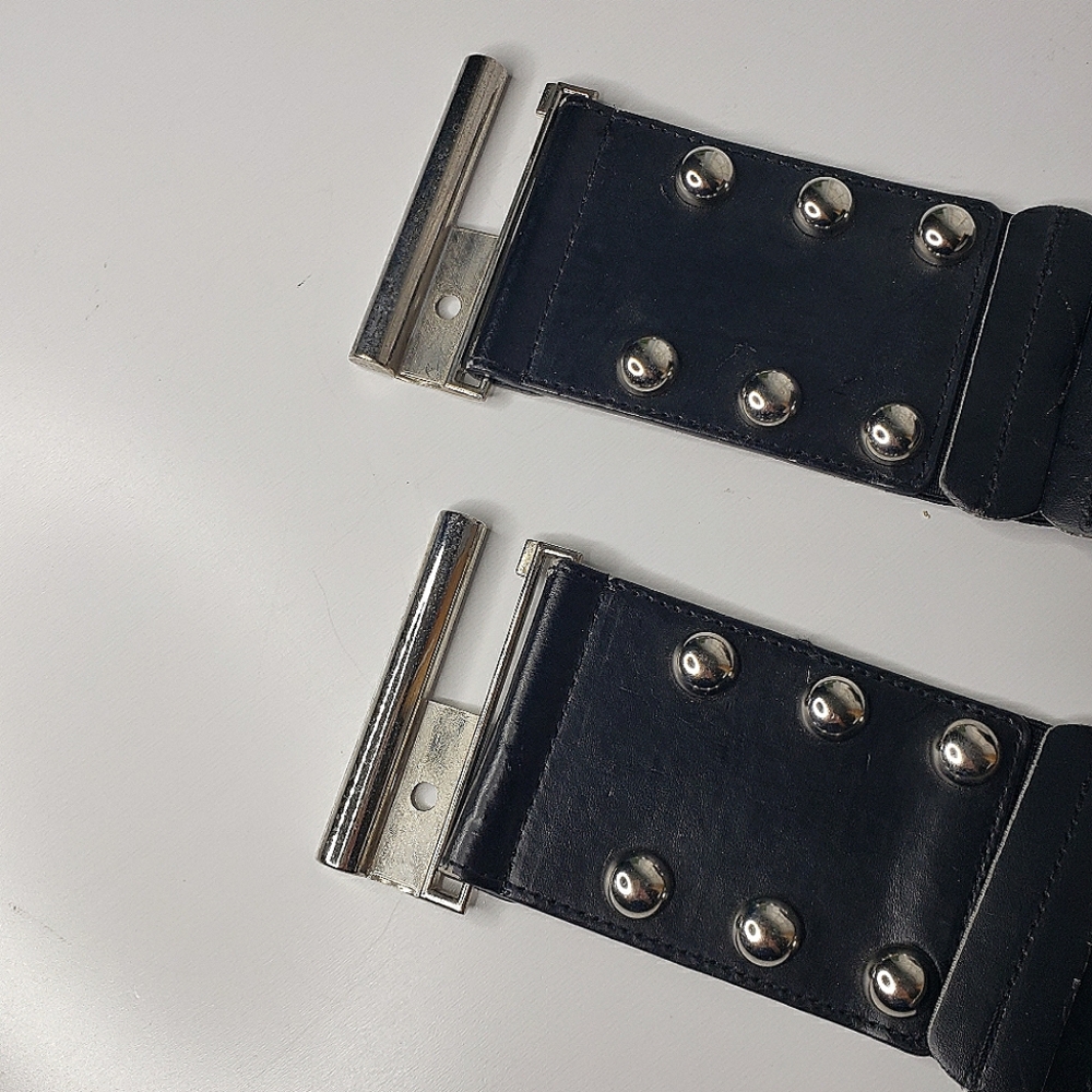 WIDE Elastic Faux Leather Sections Metal Studs Buckle 80's Y2K Goth Grunge Belt - Picture 3 of 7
